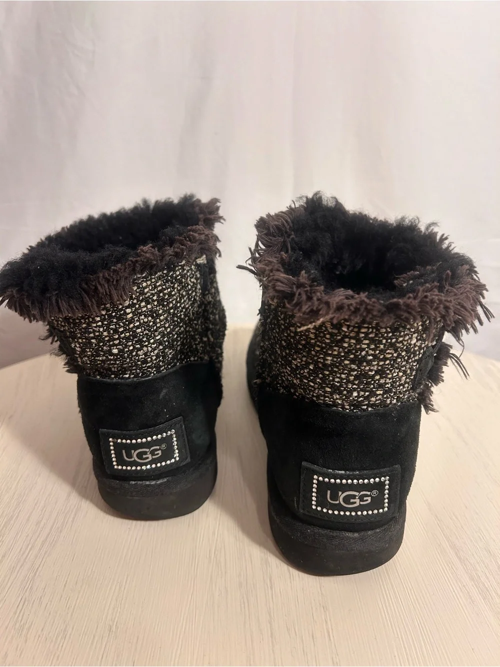 UGG Black Tweed Faux Fur Cuff Ankle Boots with Button Accent
